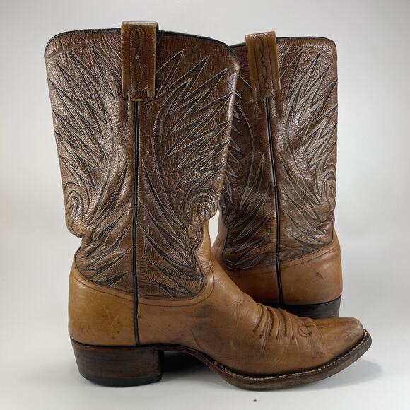 Dan Post 6154 Western Boots Mens Size 9 Pointed J Toe, Flame Embroidery Tan VTG main image 4